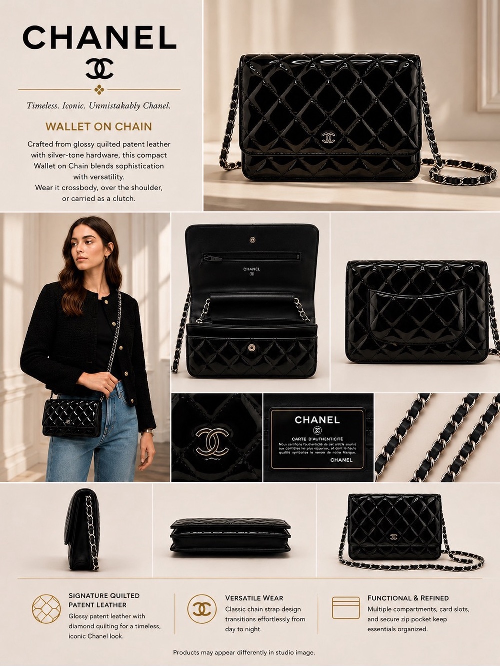 #R38 CHANEL Black Quilted Patent Mini Wallet on Chain